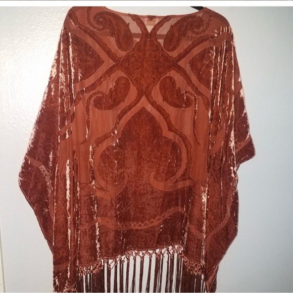 Chico’s Burnt Orange Velvet Burnout Velour Fringe Poncho L/XL - Picture 5 of 6